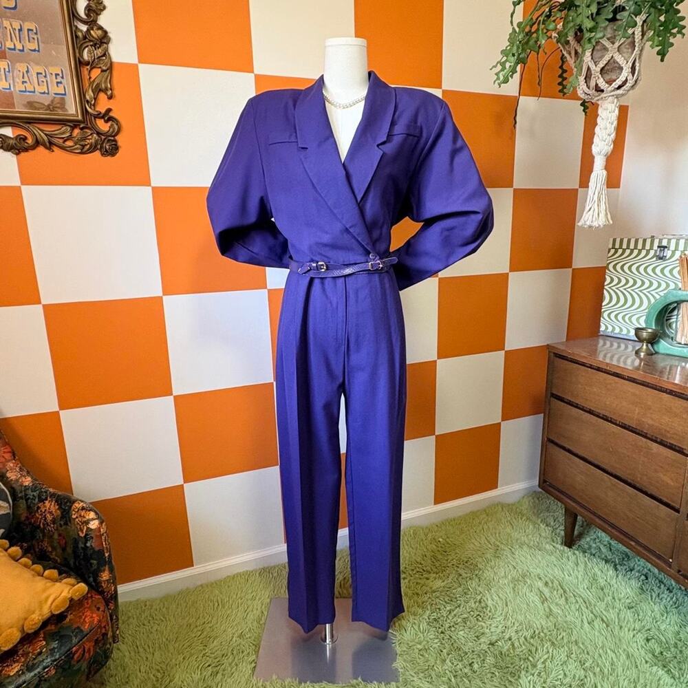 80s Vintage Purple Collared Blazer Style Coverall Jumpsuit
